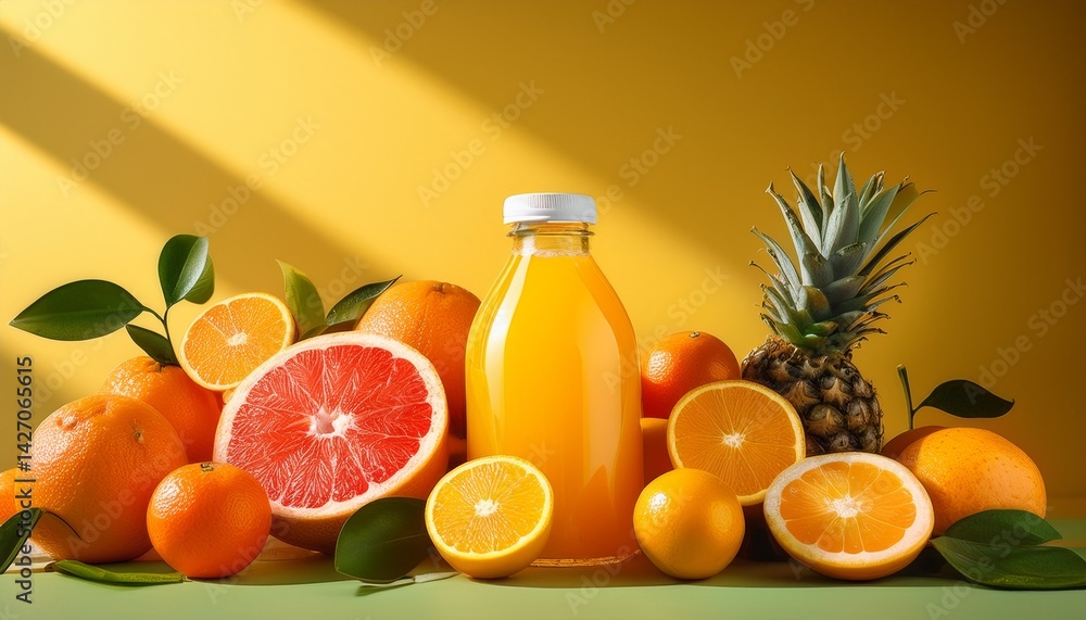 vibrant display of fresh citrus fruits arranged next to a bottle of orange juice highlighted by natural sunlight against a yellow background vibrant display of fresh citrus fruits arranged next to a bottle of orange juice highlighted by natural sunlight against a yellow background