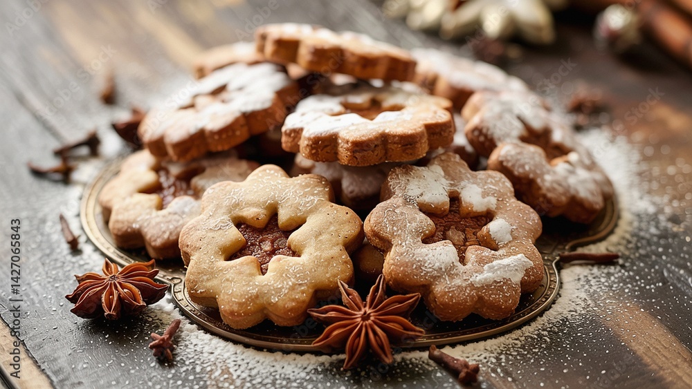 Fototapeta premium Rustic Christmas cookies on baking tray, star-shaped holiday gingerbread biscuits, warm cinnamon spice dessert close-up