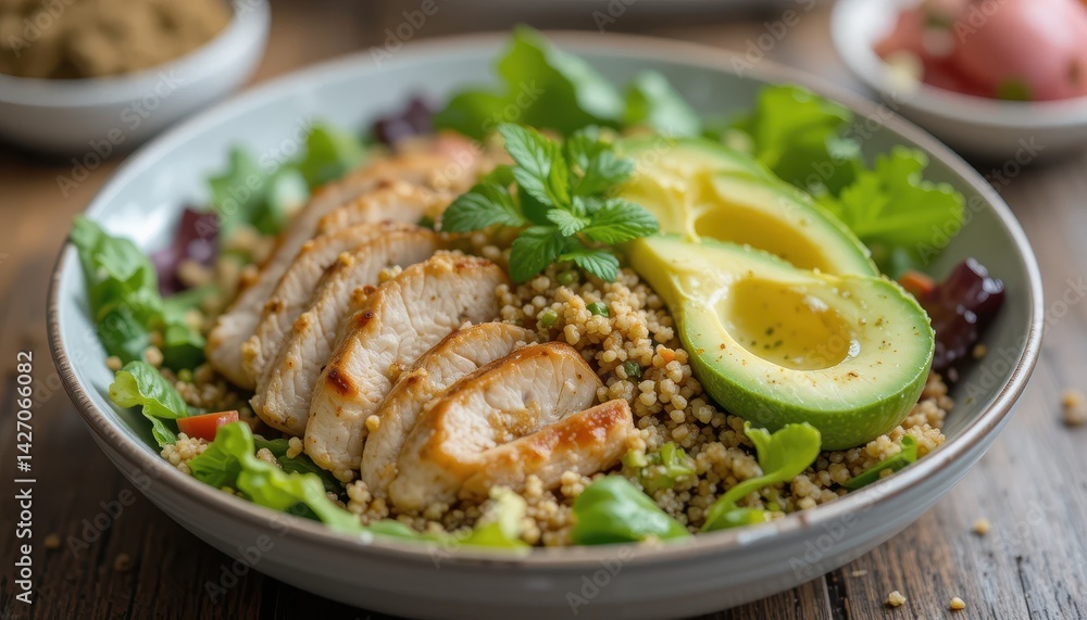 Fresh Chicken Salad with Avocado and Couscous on Rustic Wooden Table Fresh Chicken Salad with Avocado and Couscous on Rustic Wooden Table