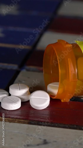 Vertical video of generic oxycodone pills with rotation from label on bottle to drugs standing on wooden USA flag