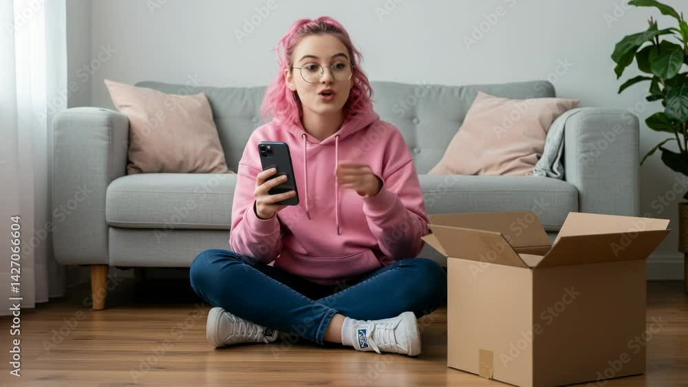 Excited woman unboxing new gadget in living room with phone in hand Excited woman unboxing new gadget in living room with phone in hand