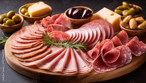 cold cut sliced deli meats on charcuterie board