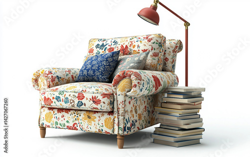 A Comfortable Escape A Cozy Armchair Surrounded by Books Isolated On White Background.