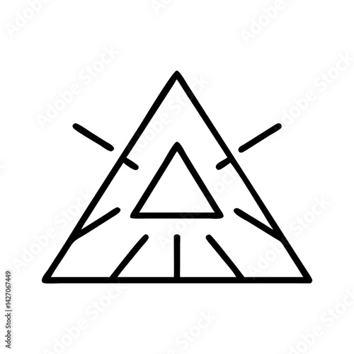 Minimalist line icon of glowing triangle inside pyramid, black outline on white background, spiritual awakening and sacred geometry symbol