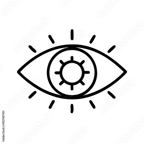 Minimalist line icon of eye with sun pupil, black outline on white background, spiritual vision, inner light and awareness symbol