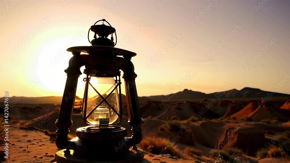 sunset in the desert with lantern
