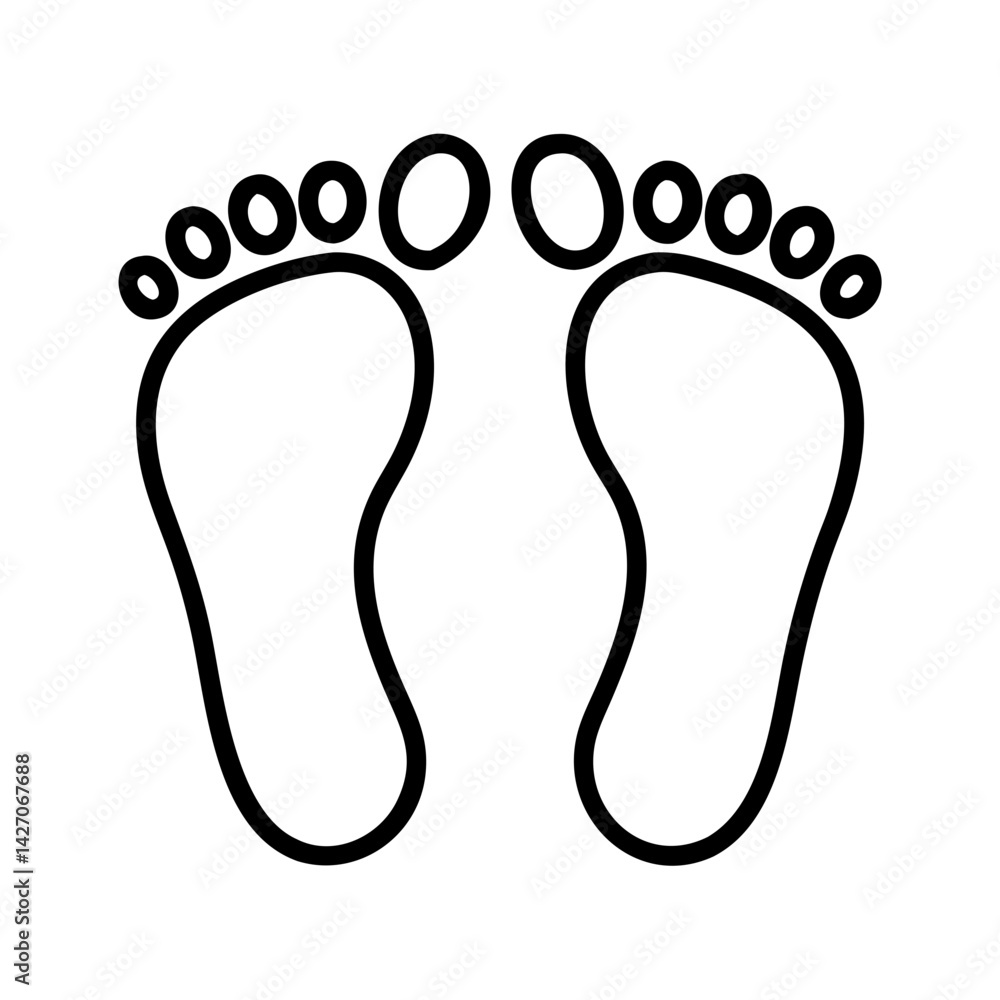 Minimalist line icon of human footprints with toes, black outline on white background, grounding, wellness and reflexology symbol Minimalist line icon of human footprints with toes, black outline on white background, grounding, wellness and reflexology symbol