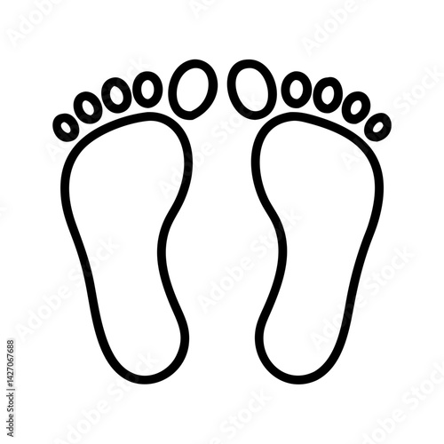 Minimalist line icon of human footprints with toes, black outline on white background, grounding, wellness and reflexology symbol