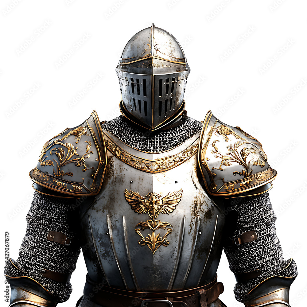 Dazzling Knight in Elaborate Armor Displaying Strength and Heroism in a Medieval Context Dazzling Knight in Elaborate Armor Displaying Strength and Heroism in a Medieval Context