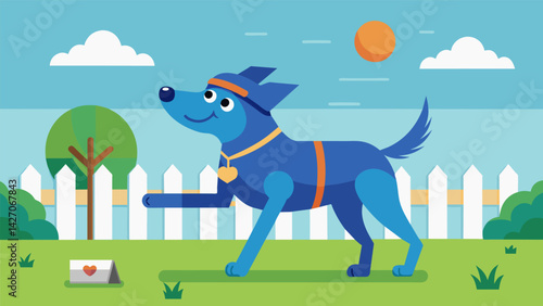 A dog performing agility exercises in the backyard its fitness tracker accurately monitoring its heart rate and calories burned.. Vector illustration