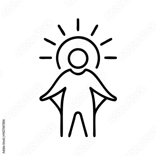 Minimalist line icon of person radiating light or energy, black outline on white background, inner power and personal growth symbol