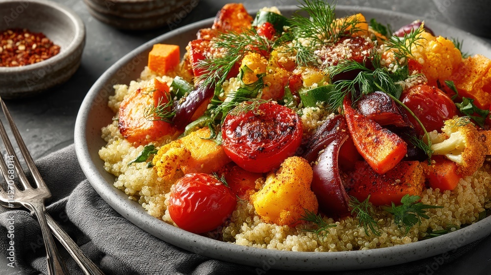 Colorful quinoa salad with roasted vegetables served on a warm plate Colorful quinoa salad with roasted vegetables served on a warm plate