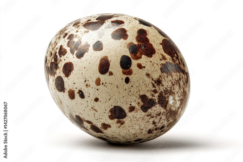 A studio shot of a single quail egg on a white background, featuring a smooth surface with brown and dark spots, and displaying speckled pattern detail. A studio shot of a single quail egg on a white background, featuring a smooth surface with brown and dark spots, and displaying speckled pattern detail.