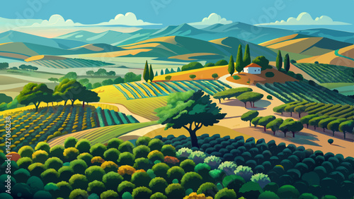 Very beautiful Aerial view of a vast olive tree plantation in Andalusia with rolling hills and cypress trees in the distance, landscape photography, landscape