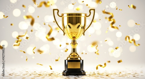 Triumph and success golden trophy, celebrating achievements with flying confetti