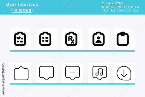 Set of 5 rounded user interface icons,clapperboard, play, clarinet, claw, marks, clip, clipboard