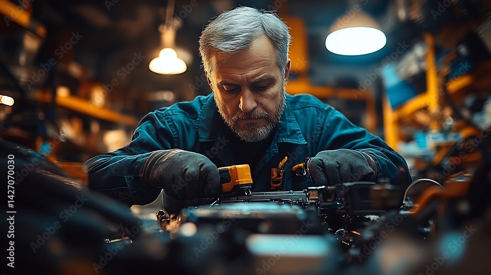 Hdr image of mechanic replacing a car battery in a clean minimalist setup with ambient lighting