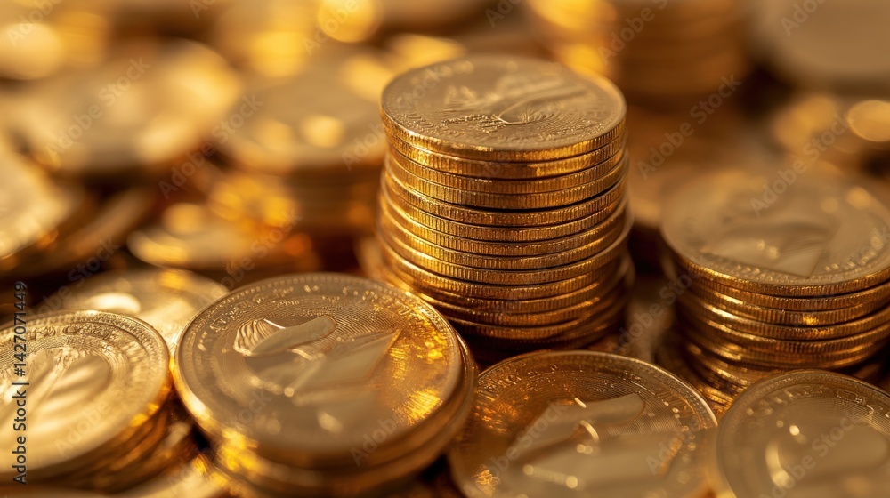 Shiny golden coins are stacked and scattered in close proximity Shiny golden coins are stacked and scattered in close proximity