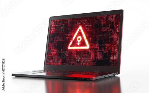 Caution Ahead Cyber Warning Sign on a Laptop Screen Isolated On White Background.