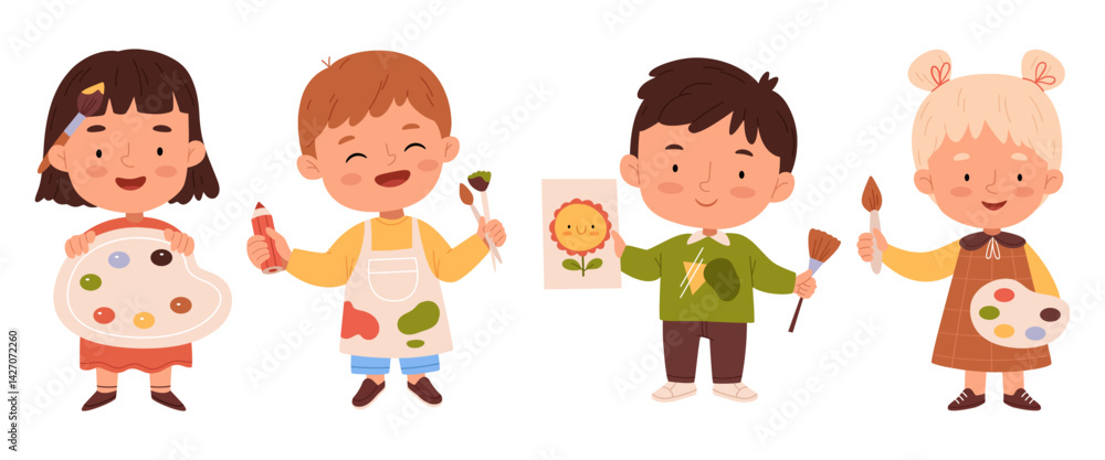 Set of children artists. Children holding brushes, pencils and drawings. Creative people. Creativity and art. Design. Childhood. Learning. Set of children artists. Children holding brushes, pencils and drawings. Creative people. Creativity and art. Design. Childhood. Learning.
