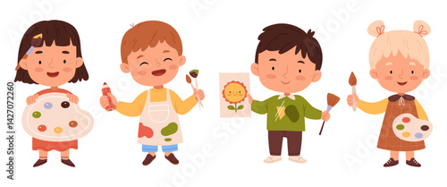 Set of children artists. Children holding brushes, pencils and drawings. Creative people. Creativity and art. Design. Childhood. Learning.