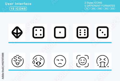 Set of 5 rounded user interface icons,dice, d, d1
