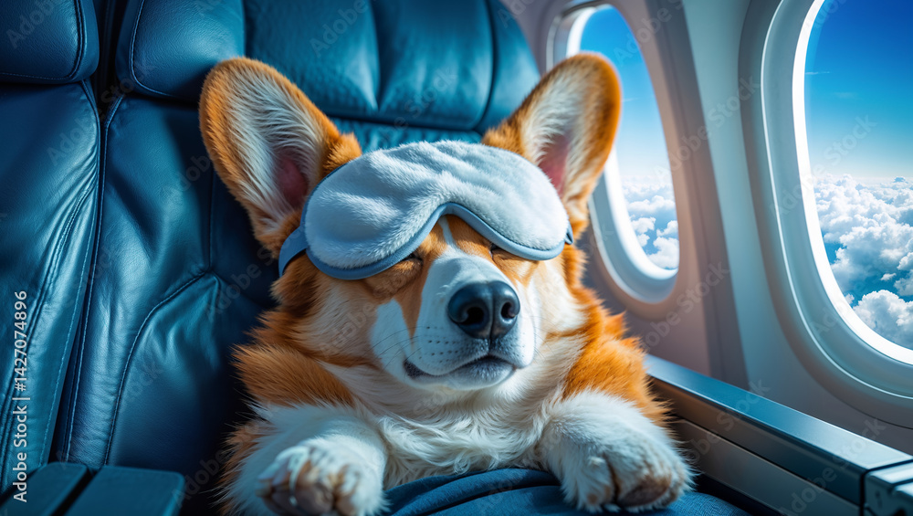 Corgi dog sleeps with sleep mask on plane