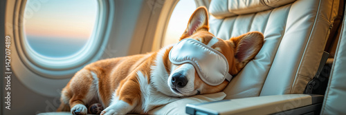 Corgi dog sleeps with sleep mask on plane