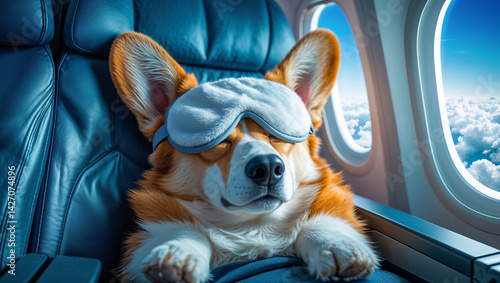 Obraz na płótnie Corgi dog sleeps with sleep mask on plane w salonie