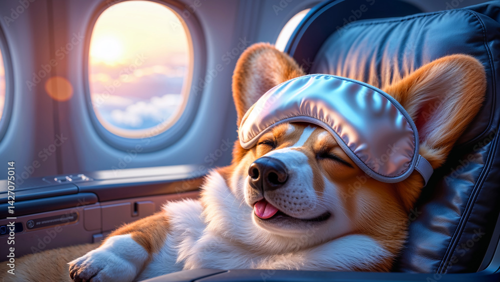 Corgi dog sleeps with sleep mask on plane