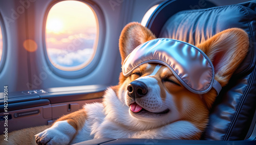 Corgi dog sleeps with sleep mask on plane