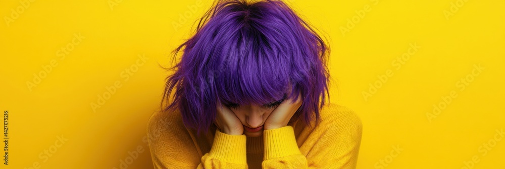Young Woman with vibrant purple hair on yellow background. Epilepsy awareness, Purple Day concept