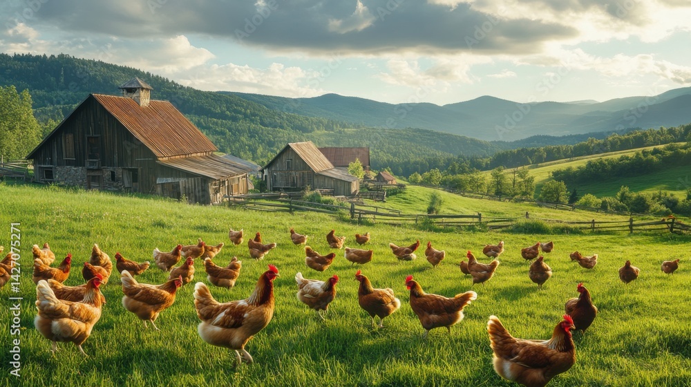 Eco farm with free-range hens resting near a wooden chicken coop