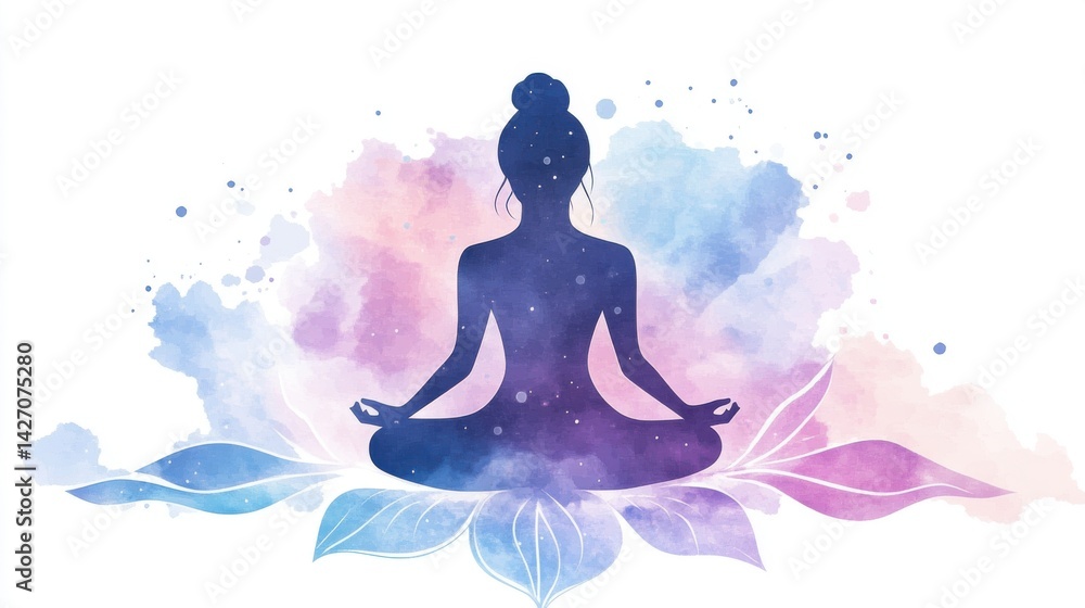 Female silhouette meditates beneath a blossoming tree, with soft watercolor washes of blue and pink symbolizing emotional clarity, self-love, and the gentle rhythm of breath