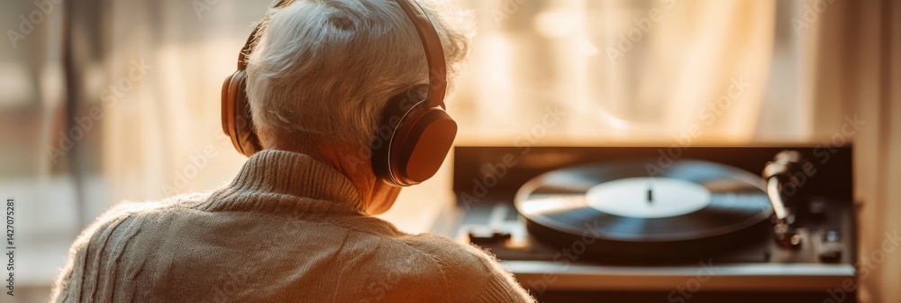 Elderly senior man in headphones with vinyl record player listening to music at home