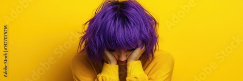 Obraz na płótnie Young Woman with vibrant purple hair on yellow background. Epilepsy awareness, Purple Day concept w salonie
