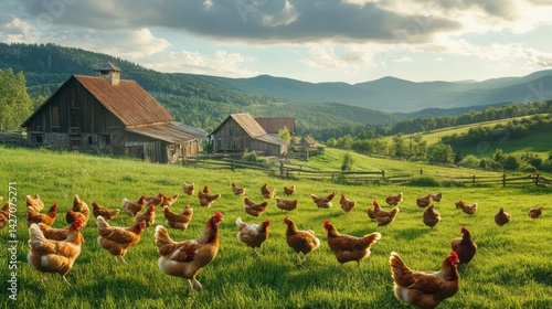 Obraz na płótnie Eco farm with free-range hens resting near a wooden chicken coop w salonie