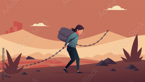 A barren and desolate landscape with a person trudging through it carrying a heavy chain of loan bills on their back symbolizing the isolating and. Vector illustration