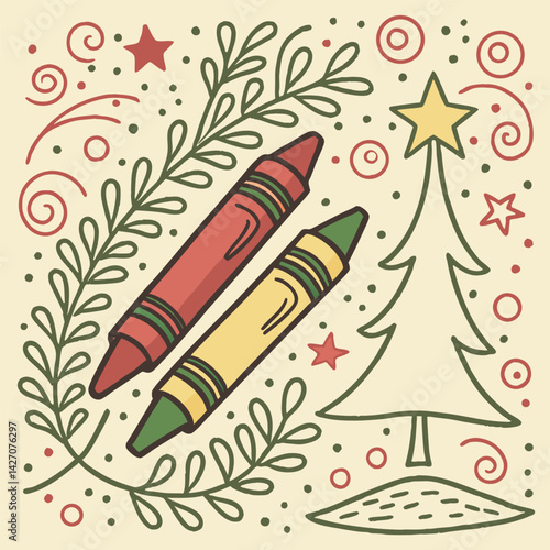 Hand-Drawn Christmas Crayons & Tree: Red, Yellow.