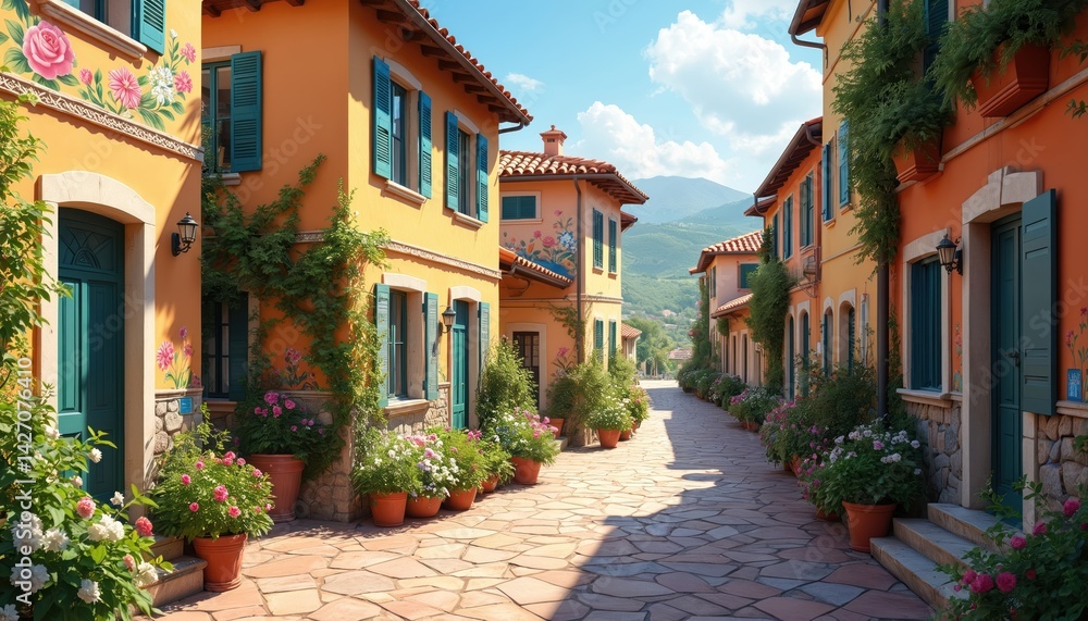 Fototapeta premium Picturesque street view in charming town. Colorful houses with flowers, shutters, and a stone paved road. Inviting alley under the blue sky. Perfect for travel, tourism, and European vacation.