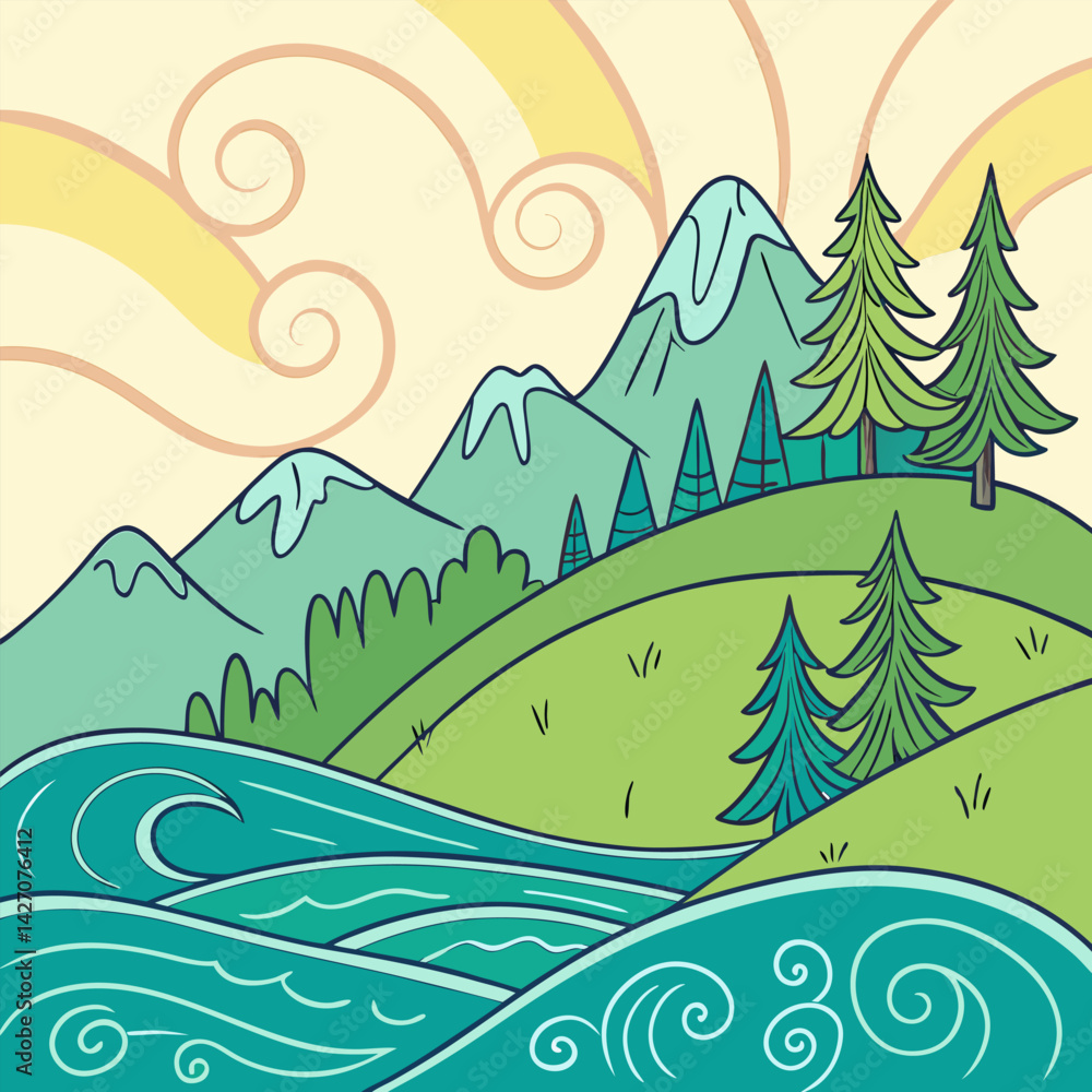 Fototapeta premium Whimsical Mountain Landscape Illustration: Teal Ocean, Green Hills.