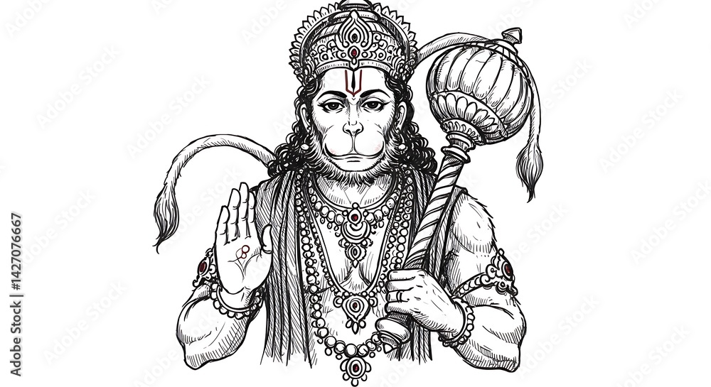Fototapeta premium Detailed Illustration of Hanuman with Gada in Black and White Line Art