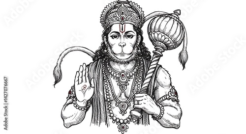 Wallpaper Mural Detailed Illustration of Hanuman with Gada in Black and White Line Art Torontodigital.ca