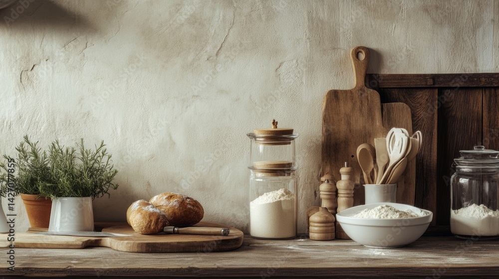 Rustic Kitchen Scene with Ceramic Bowls Rustic Kitchen Scene with Ceramic Bowls