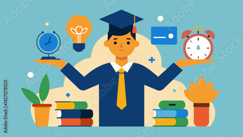 A student working multiple parttime jobs to cover their living expenses in addition to tuition sacrificing time and energy for their studies.. Vector illustration