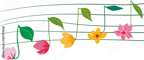 musical notes made of colorful flowers and green leaves, isolated vector composition on white background, creative botanical music concept illustration