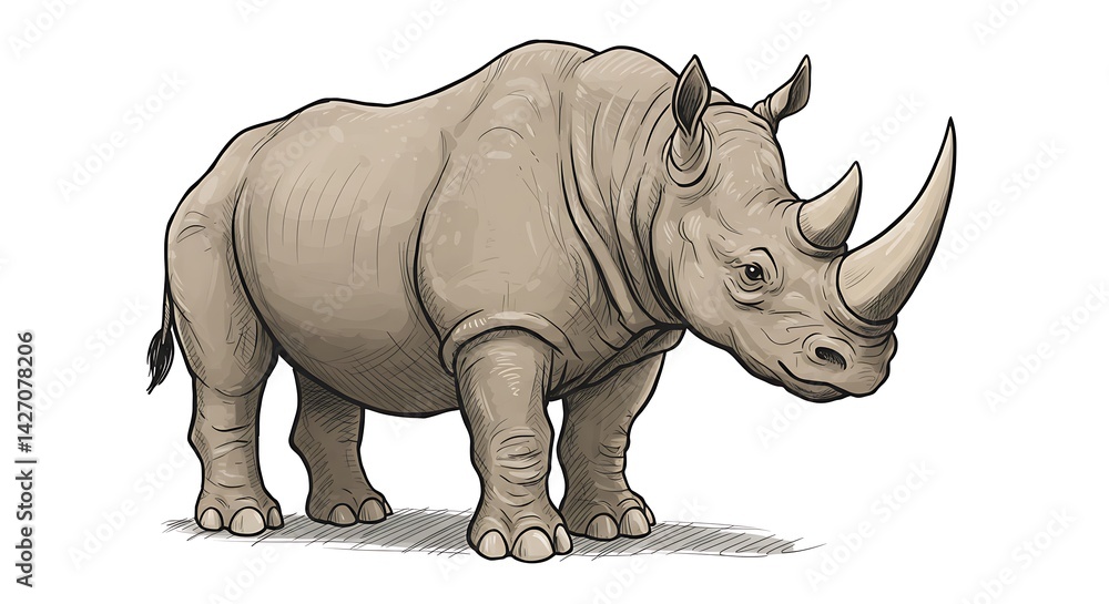Fototapeta premium Illustration of a Powerful and Majestic Rhinoceros Standing on a White Background