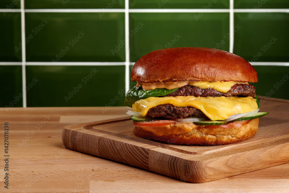 Delicious cheeseburger with lettuce and tomato sitting on wooden cutting board