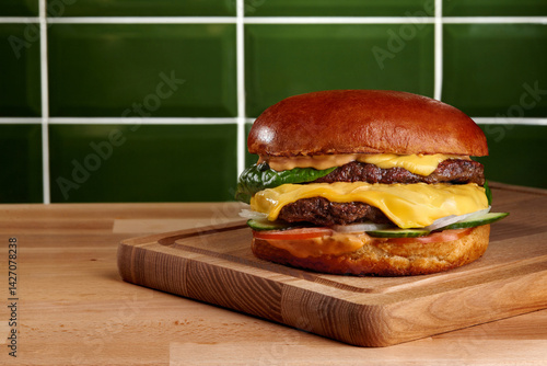 Obraz na płótnie Delicious cheeseburger with lettuce and tomato sitting on wooden cutting board w salonie