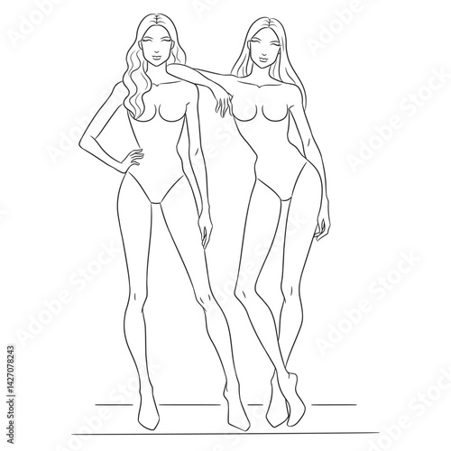 A professional fashion croquis template featuring two female models posing. This clean and minimalistic line art sketch is perfect for fashion designers, illustrators to create stylish outfit designs